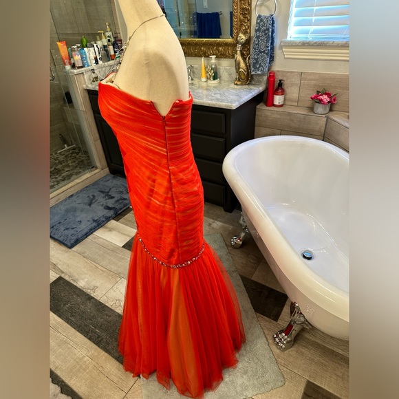 Like New La Femme Orange Sexy Red Strapless Rhinestone Gauze Chic Dress 2 - Picture 12 of 16